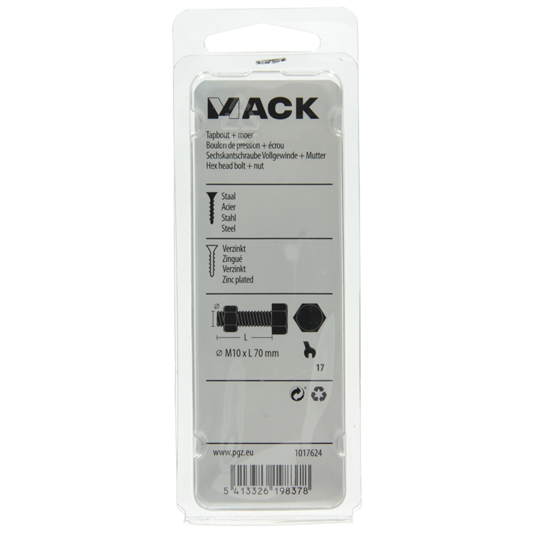 Mack 1017624 - perno grifo + tuerca acero galvanizado 2 piezas m10 x 70 mm | 5 piezas