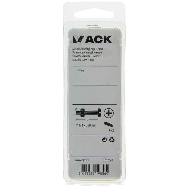 Mack 1017641 - cilindro de tornillo metálico. cabeza + tuerca nylon 6 pzs m4 x 30 mm | 10 piezas