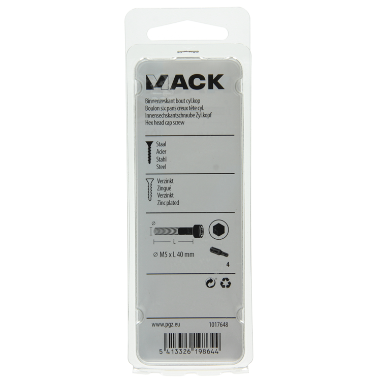 Mack 1017648 - cilindro con perno hexagonal cabeza plateada. 7 piezas m5 x 40 mm | 10 piezas