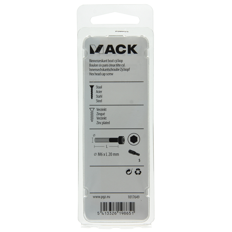 Mack 1017649 - cilindro con perno hexagonal cabeza plateada. 7 piezas m6 x 20 mm | 10 piezas