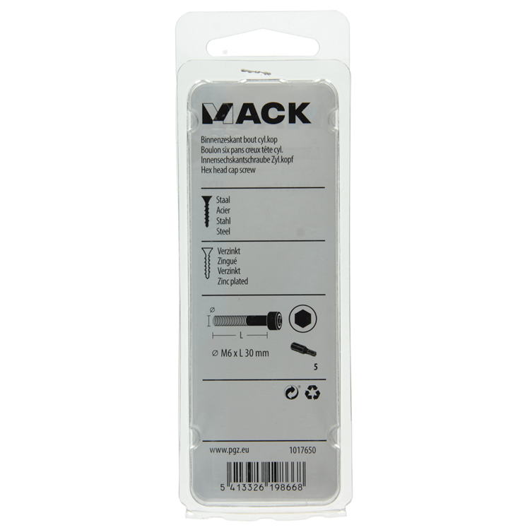 Mack 1017650 - cilindro con perno hexagonal cabeza plateada. 6 piezas m6 x 30 mm | 10 piezas