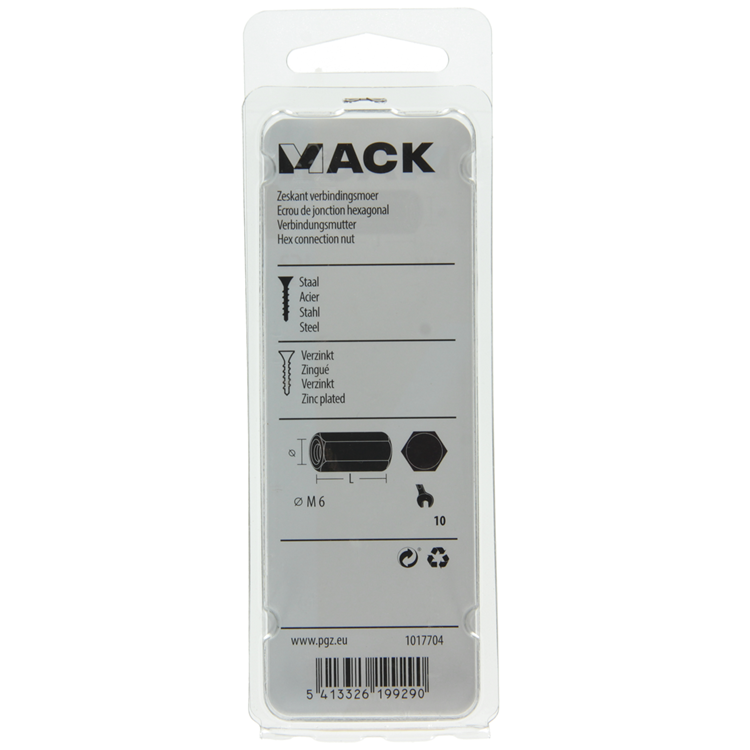 Mack 1017704 - tuerca de conexión hexagonal galvanizada 3 piezas m6 | 10 piezas