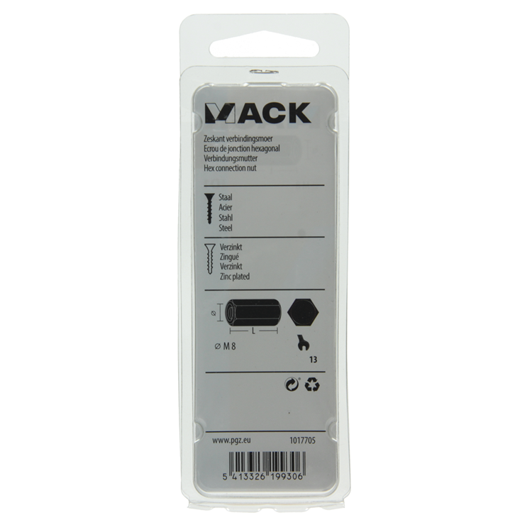 Mack 1017705 - tuerca de conexión hexagonal galvanizada 2 piezas m8 | 10 piezas