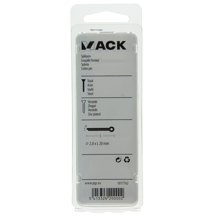 Mack 1017762 - pasador de chaveta acero galvanizado 22 piezas 2,0 x 20 mm | 10 piezas