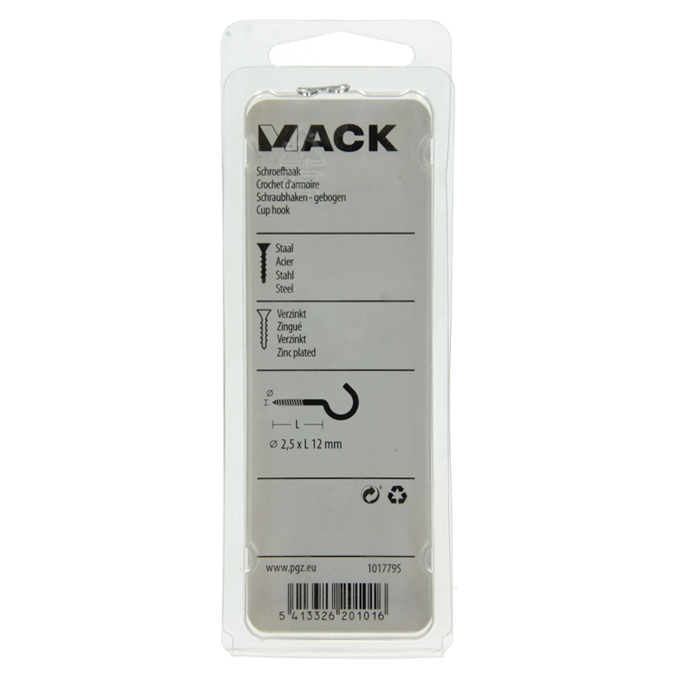 Mack 1017795 - gancho de tornillo acero galvanizado 18uds 2,5 x 12 mm | 10 piezas