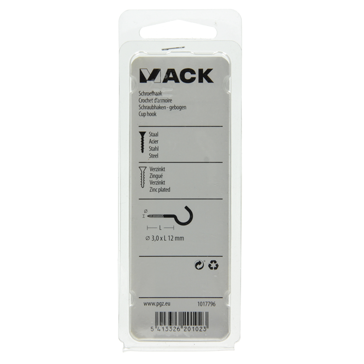 Mack 1017796 - gancho de tornillo acero galvanizado 15 piezas 3,0 x 12 mm | 10 piezas