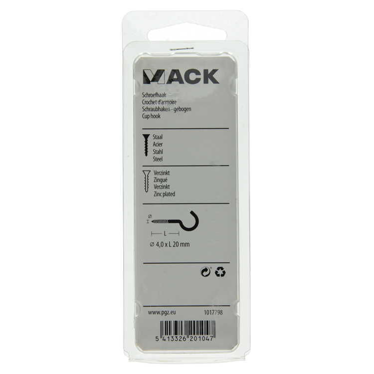 Mack 1017798 - gancho de tornillo acero galvanizado 8 piezas 4,0 x 20 mm | 10 piezas