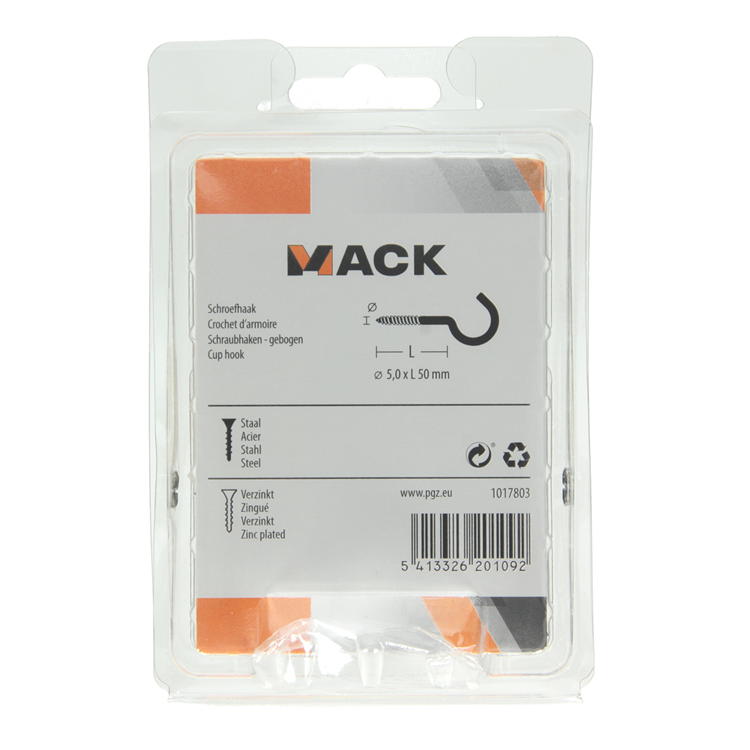 Mack 1017803 - gancho de tornillo acero galvanizado 4uds 5,0 x 50 mm | 5 piezas