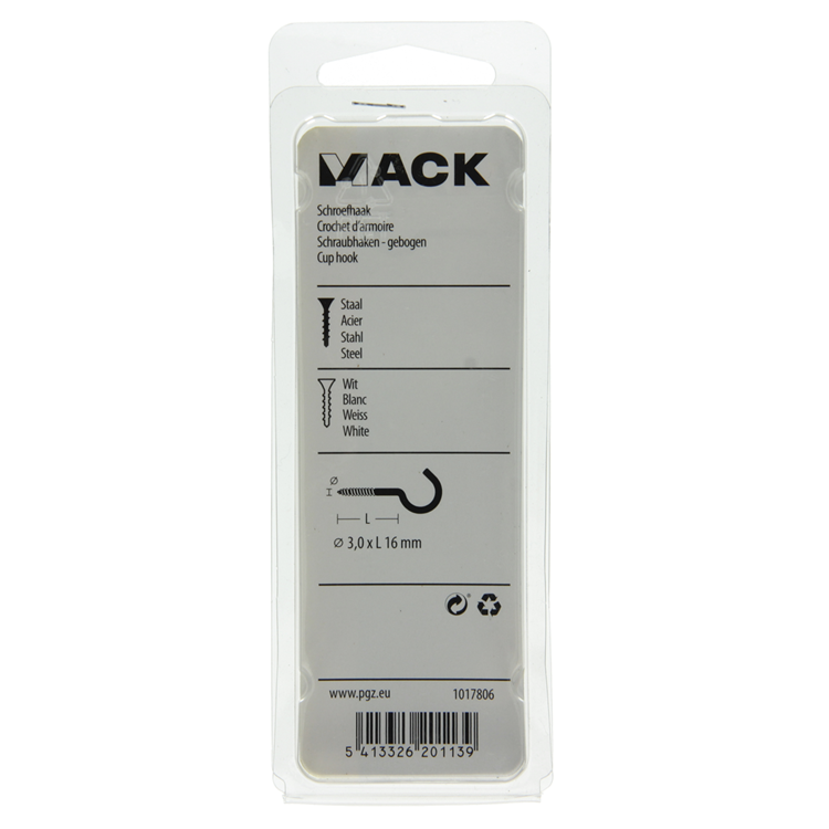Mack 1017806 - gancho de tornillo acero blanco 7 piezas 3,0 x 16 mm | 10 piezas