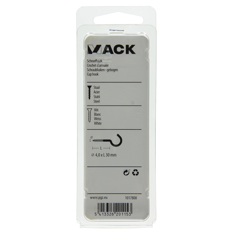 Mack 1017808 - gancho de tornillo acero blanco 4 piezas 4,0 x 30 mm | 10 piezas