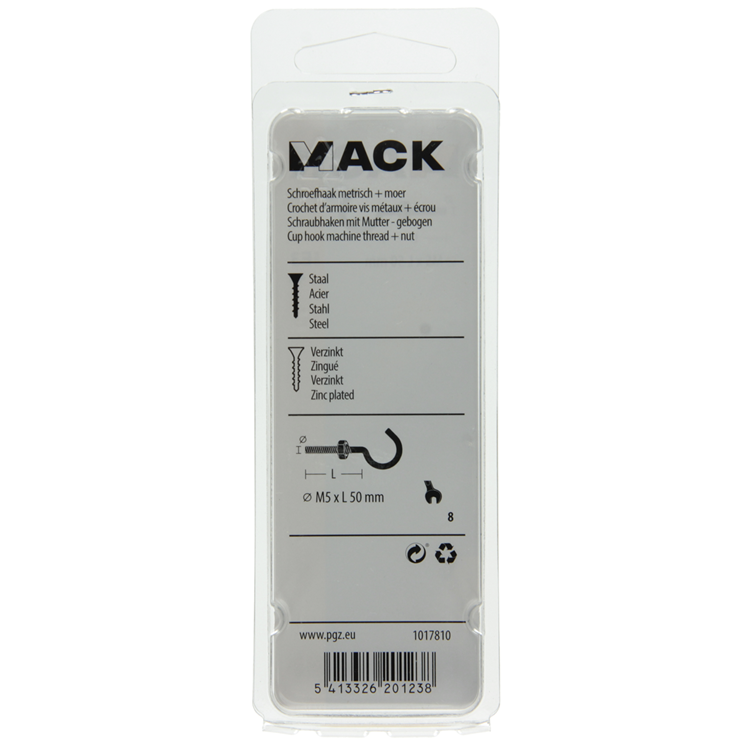 Mack 1017810 - gancho tornillo métrico + tuerca galvanizada 4uds m5 x 50 mm | 10 piezas