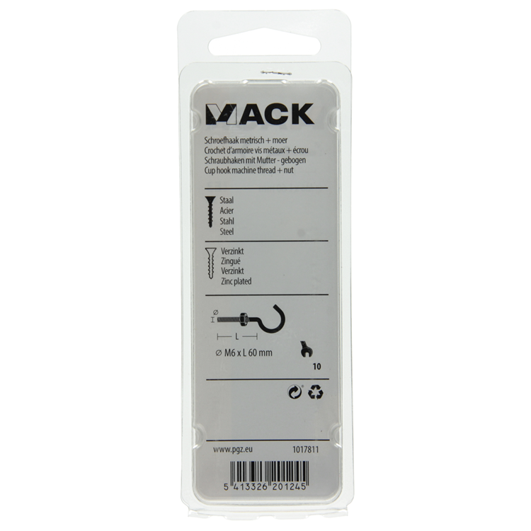 Mack 1017811 - gancho tornillo métrico + tuerca galvanizada 3 piezas m6 x 60 mm | 10 piezas