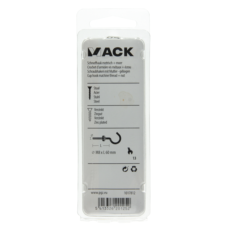 Mack 1017812 - gancho tornillo métrico + tuerca galvanizada 2uds m8 x 60 mm | 10 piezas