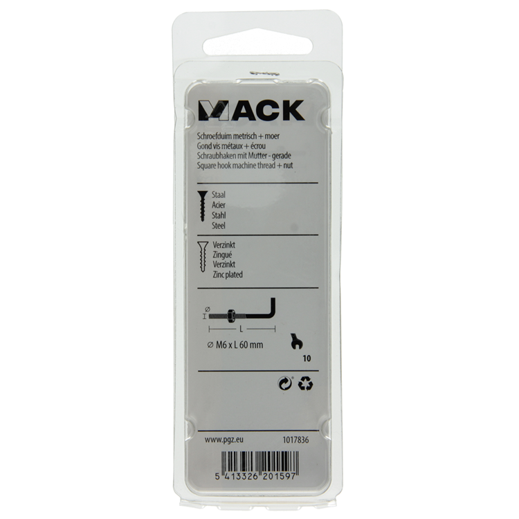 Mack 1017836 - tornillo pulgada métrico + tuerca acero 3 piezas m6 x 60 mm | 10 piezas