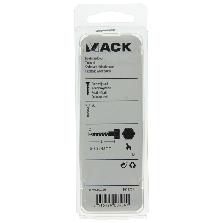 Mack 1019767 - perno roscado para madera acero inoxidable 3 piezas 8 x 40 mm | 10 piezas