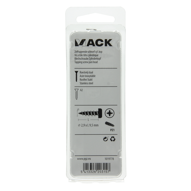Mack 1019778 - tornillo autorroscante culata A2 20 piezas 2,9 x 9,5 mm | 10 piezas