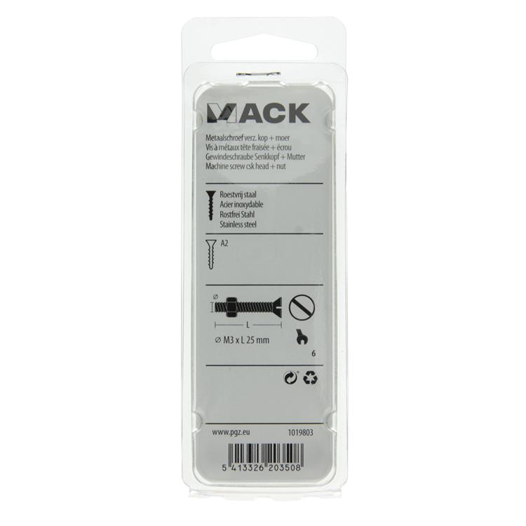 Mack 1019803 - tornillo metálico galvanizado. cabeza + tuerca acero inoxidable 15 pzs m3x25 | 10 piezas
