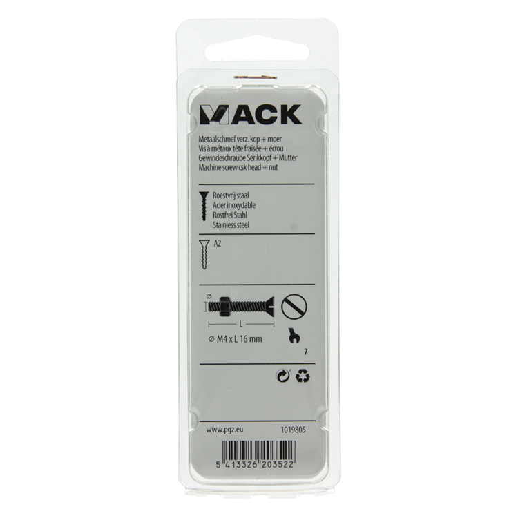 Mack 1019805 - tornillo metálico galvanizado. cabeza + tuerca acero inoxidable 13 pzs m4x16 | 10 piezas