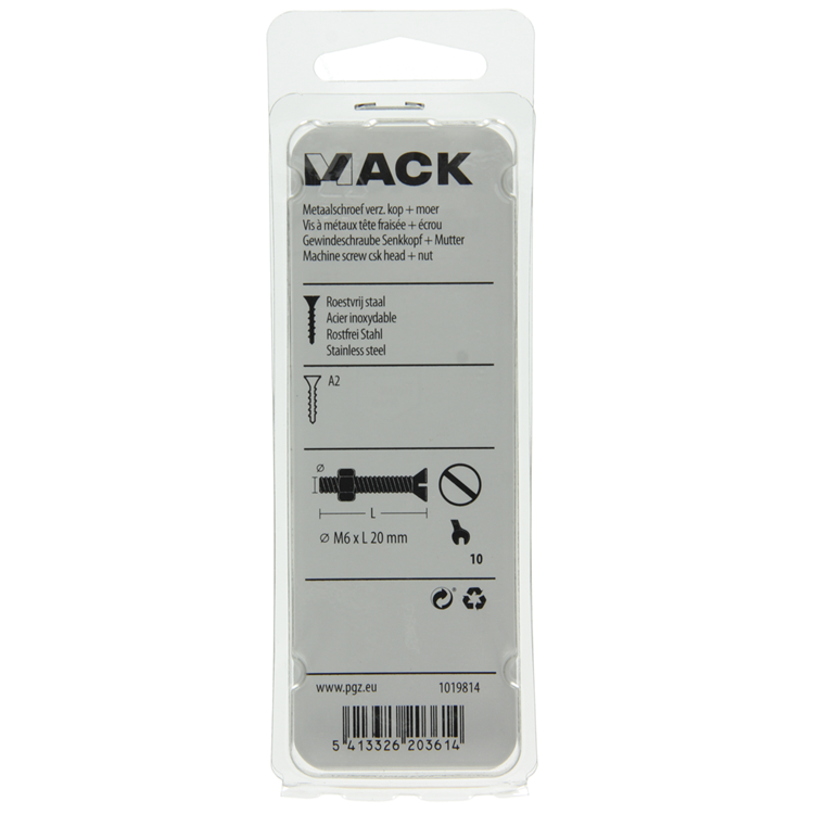 Mack 1019814 - tornillo metálico galvanizado. cabeza + tuerca acero inoxidable 5 pzs m6x20 | 10 piezas
