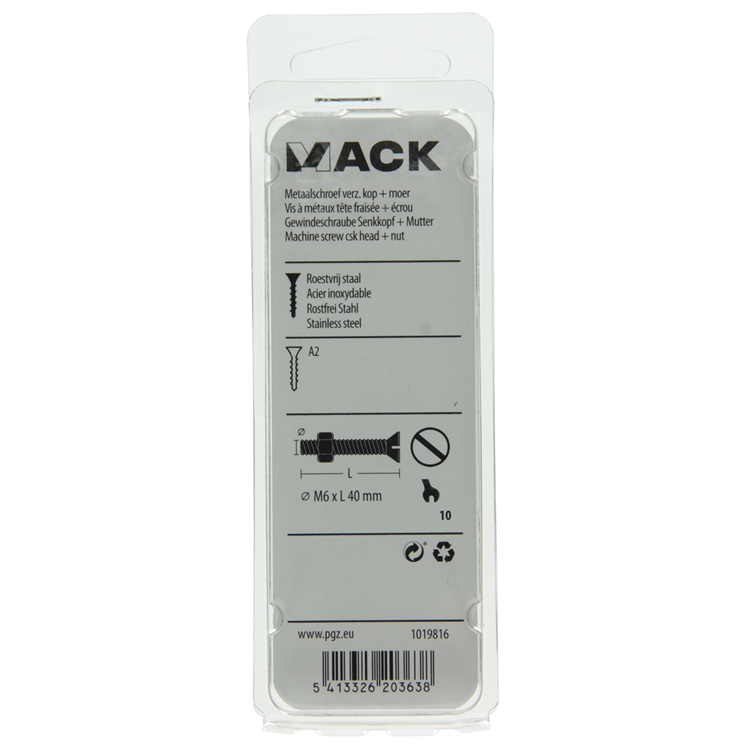 Mack 1019816 - tornillo metálico galvanizado. cabeza + tuerca acero inoxidable 3 piezas m6x40 | 10 piezas