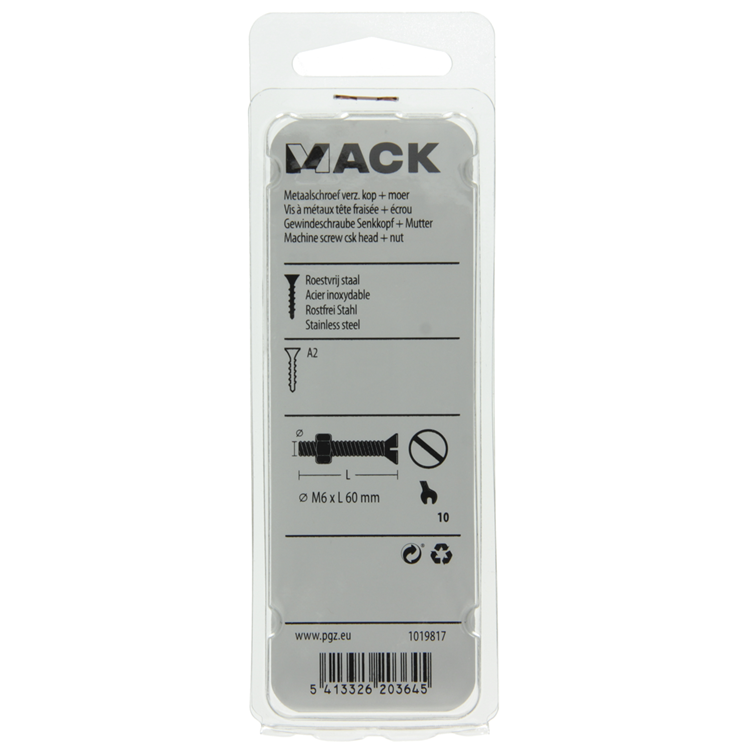Mack 1019817 - tornillo metálico galvanizado. cabeza + tuerca acero inoxidable 2 uds m6x60 | 10 piezas