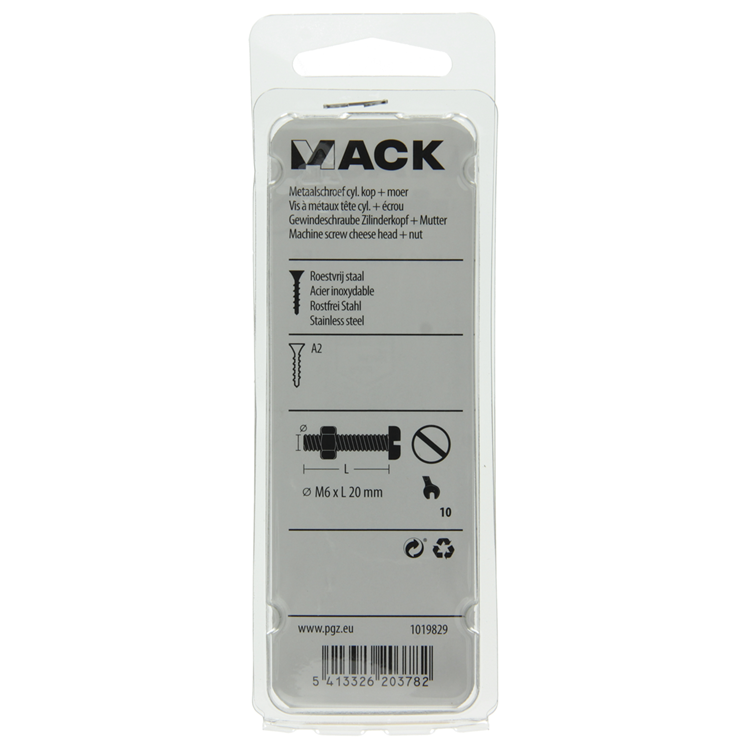 Mack 1019829 - cilindro de tornillo metálico. cabeza + tuerca acero inoxidable 5 pzs m6x20 | 10 piezas