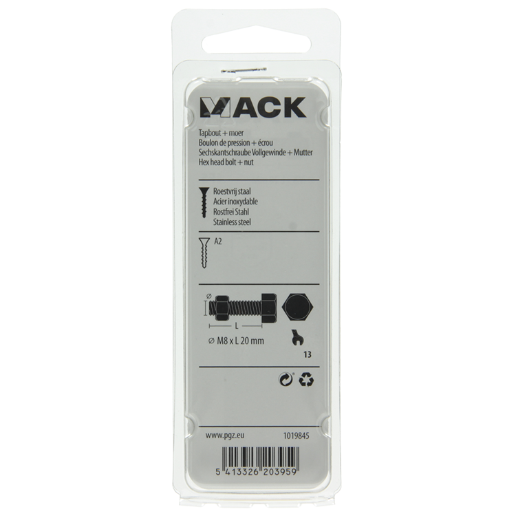 Mack 1019845 - grifo perno + tuerca acero inoxidable 2 piezas m8x20 | 10 piezas