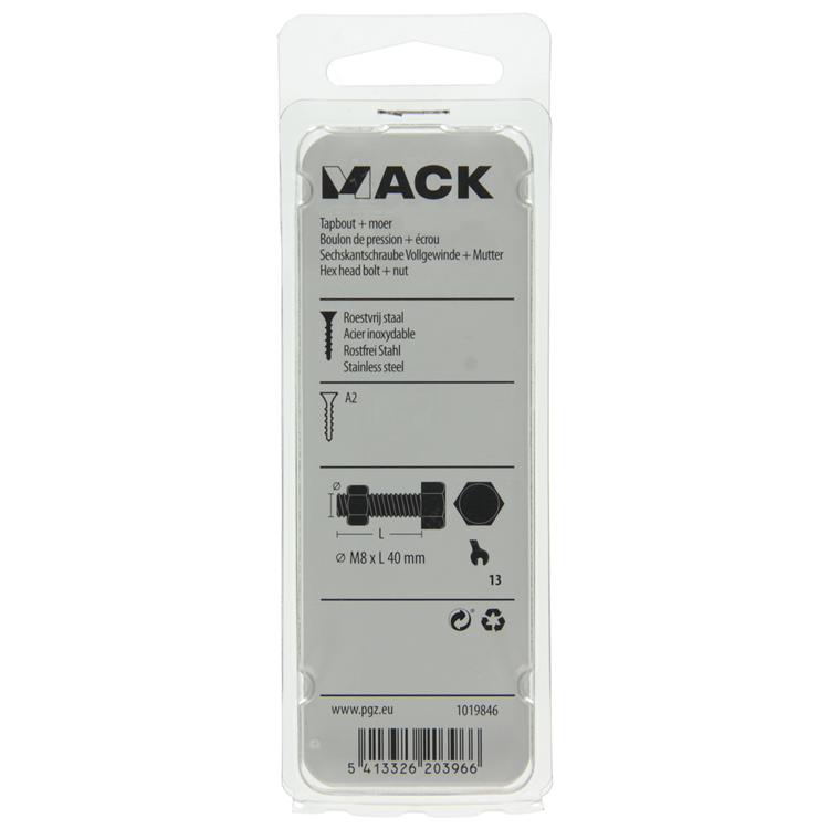 Mack 1019846 - perno grifo + tuerca acero inoxidable 2 piezas m8x40 | 10 piezas
