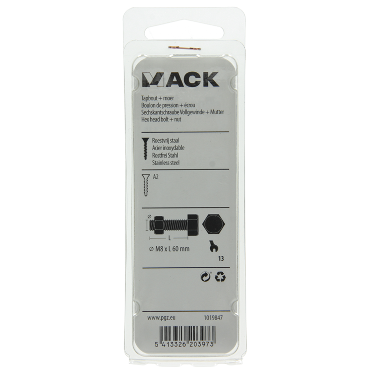 Mack 1019847 - perno grifo + tuerca acero inoxidable 2 piezas m8x60 | 10 piezas