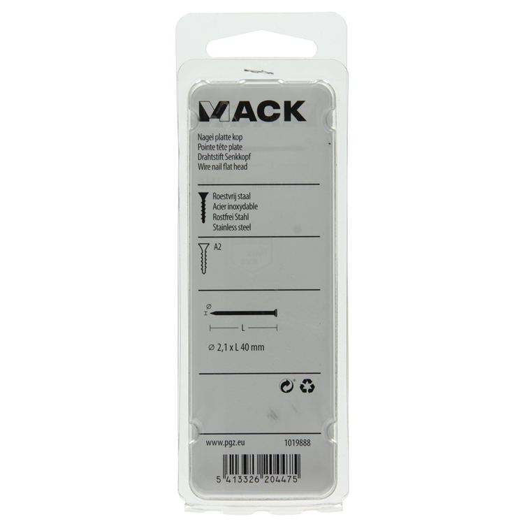 Mack 1019888 - clavo cabeza plana acero inoxidable a2 25 uds2,1 x 40 mm | 10 piezas