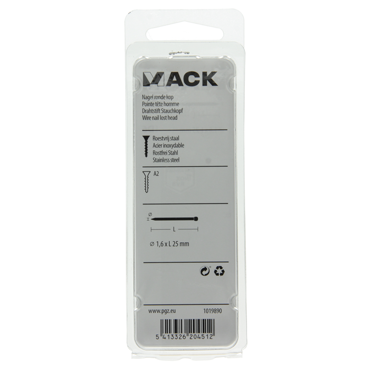 Mack 1019890 - clavo cabeza redonda acero inoxidable A2 35 piezas 1,6 x 25 mm | 10 piezas