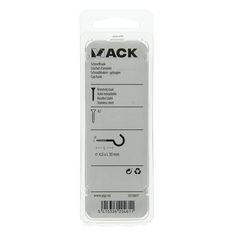 Mack 1019897 - gancho de tornillo acero inoxidable 2 piezas 4,0x30 mm | 10 piezas