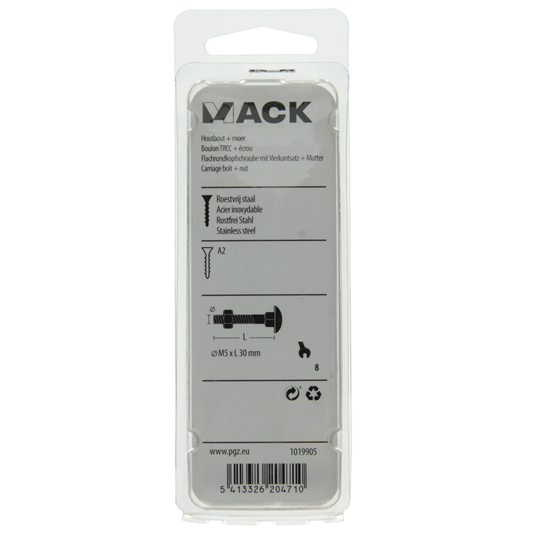 Mack 1019905 - perno madera + tuerca acero inoxidable 6uds m5x30 mm | 10 piezas
