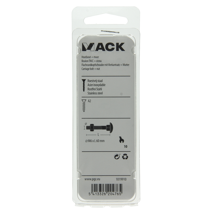 Mack 1019910 - perno para madera + tuerca acero inoxidable 2 piezas m6 x 60 mm | 10 piezas