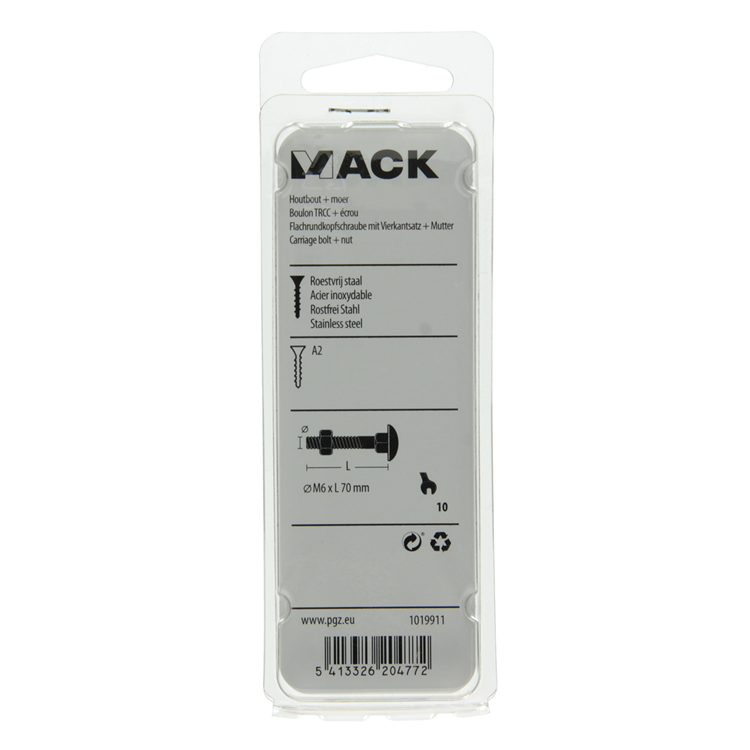 Mack 1019911 - perno para madera + tuerca acero inoxidable 2 piezas m6 x 70 mm | 10 piezas