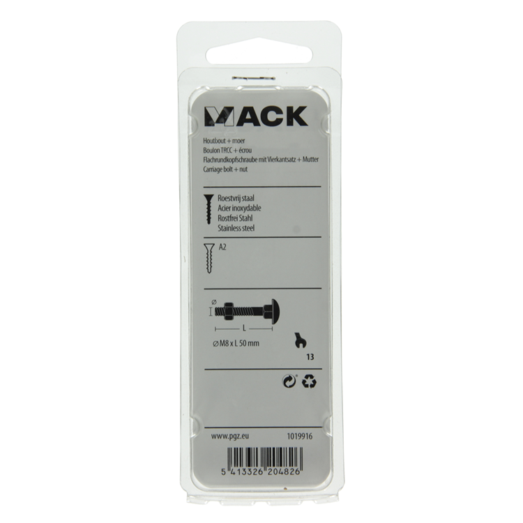 Mack 1019916 - perno para madera + tuerca acero inoxidable 3 piezas m8 x 50 mm | 5 piezas
