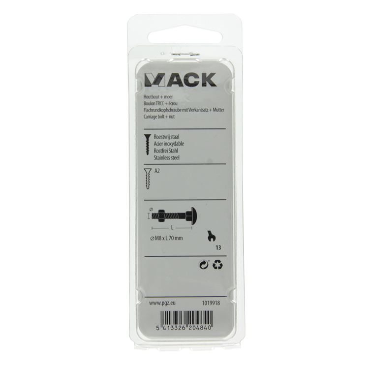 Mack 1019918 - perno para madera + tuerca acero inoxidable 2 piezas m8 x 70 mm | 5 piezas