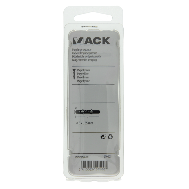 Mack 1019925 - tapón de expansión largo polietileno 10 uds 8 x 65 mm | 5 piezas