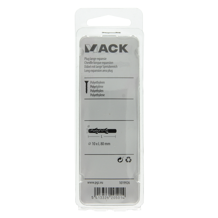 Mack 1019926 - Tapón de expansión largo polietileno 6 uds 10 x 80 mm | 5 piezas