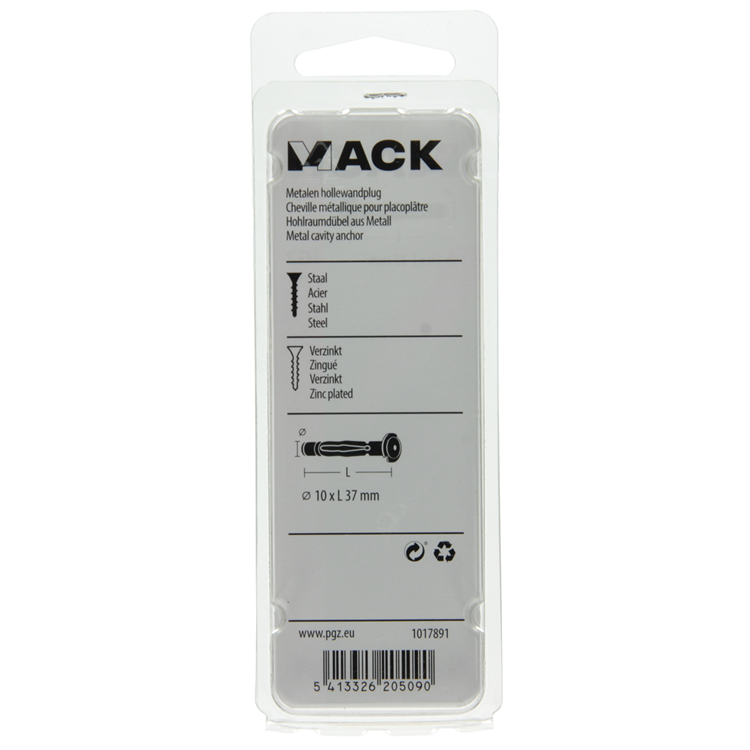 Mack 1017891 - taco de pared hueco de metal galvanizado 4 piezas 10 x 37 mm | 5 piezas