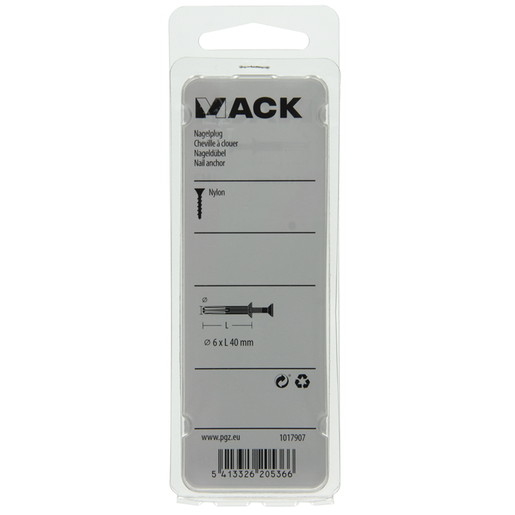 Mack 1017907 - taco clavo de nylon poliamida 12 piezas 6 x 40 mm | 5 piezas