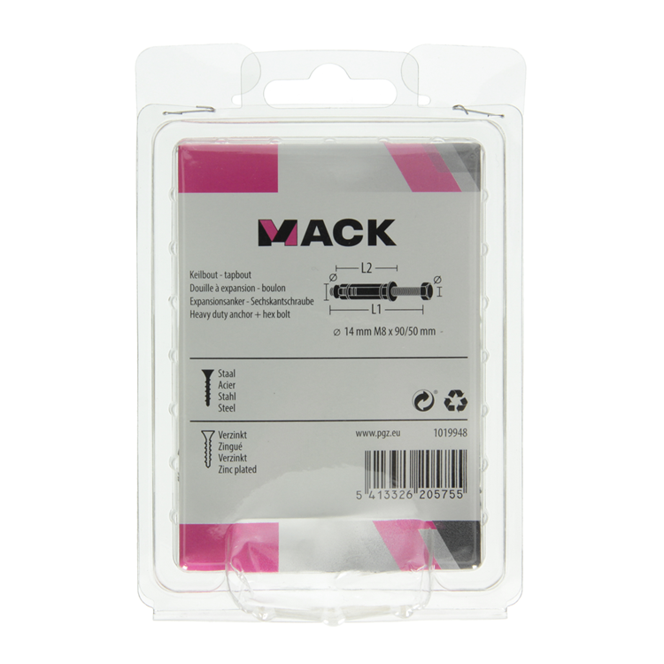 Mack 1019948 - perno de cuña perno de 6 lados galvanizado 2 piezas m8x90 14x50 | 5 piezas