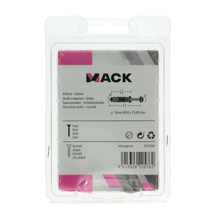 Mack 1019949 - perno de cuña perno de 6 lados galvanizado 2 piezas m10 x 75 mm | 5 piezas