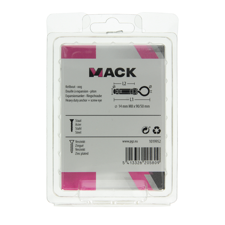 Mack 1019952 - perno cuña ojo de tornillo galvanizado 2 piezas m8x90 14x50 | 5 piezas
