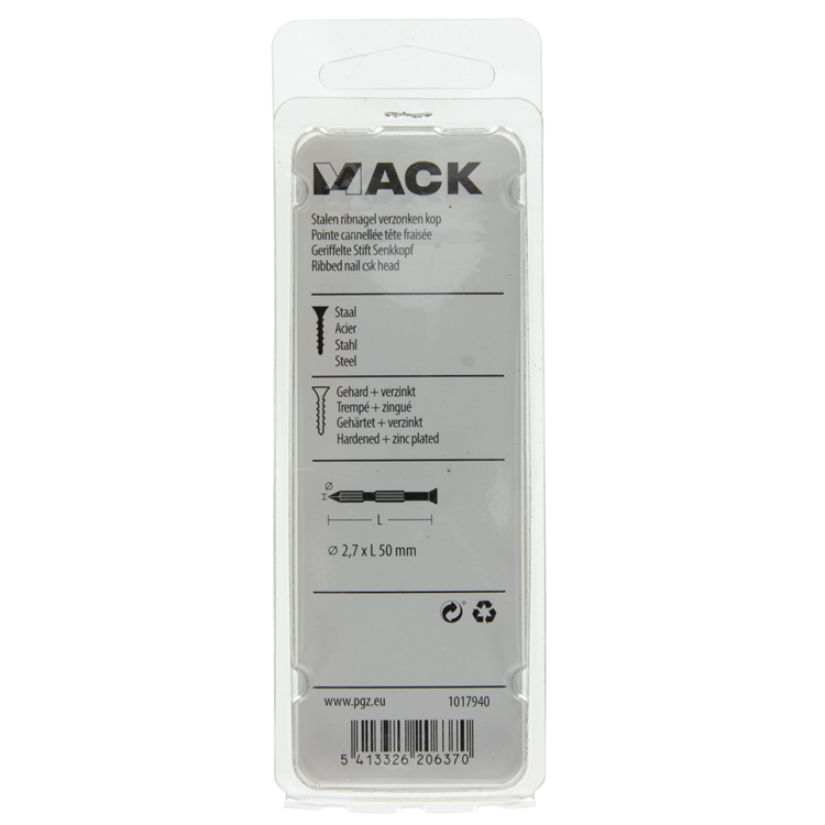 Mack 1017940 - clavo para costillas de acero uk st. endurecido + galvanizado 50 piezas 2,7 x 50 mm | 10 piezas