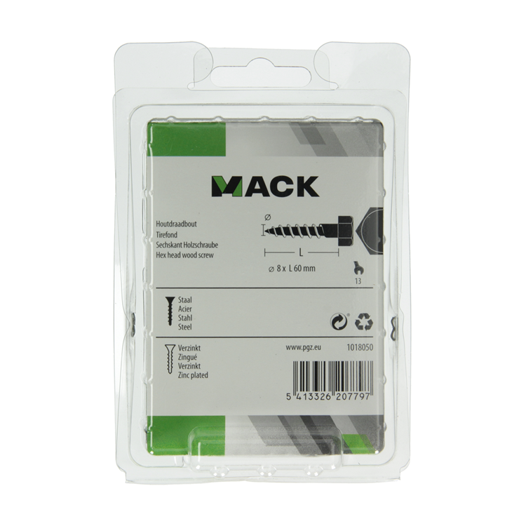 Mack 1018050 - perno roscado para madera acero galvanizado 18 piezas 8 x 60 mm | 5 piezas