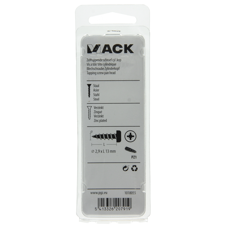 Mack 1018055 - tornillo autorroscante cabeza cilíndrica chapada 100 piezas 2,9 x 13 mm | 10 piezas