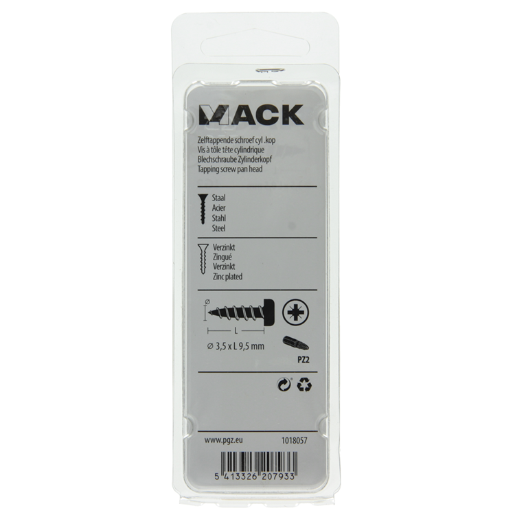 Mack 1018057 - tornillo autorroscante con cabeza cilíndrica galvanizada. 82 piezas 3,5 x 9,5 mm | 10 piezas