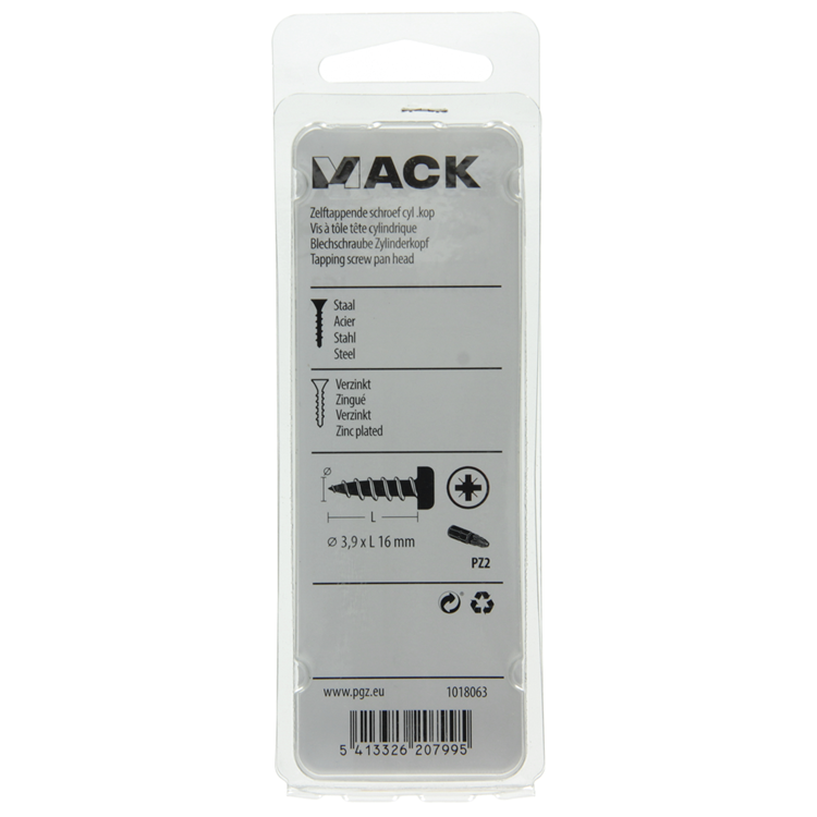 Mack 1018063 - tornillo autorroscante con cabeza cilíndrica galvanizada. 60 piezas 3,9 x 16 mm | 5 piezas