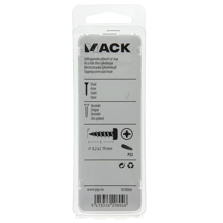 Mack 1018068 - tornillo autorroscante con cabeza cilíndrica galvanizada. 48 piezas 4,2 x 19 mm | 5 piezas